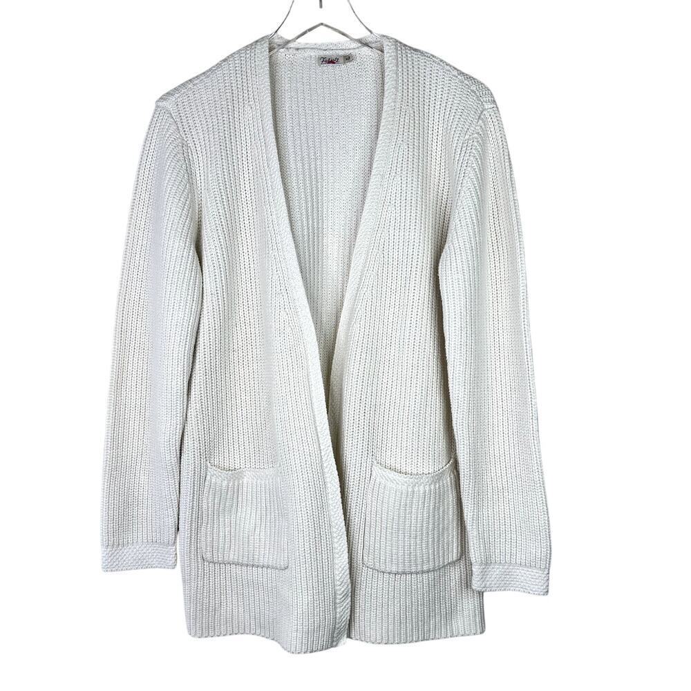 Faherty Cotton Cashmere White Knit Cardigan Sweater Open Front Pockets MEDIUM